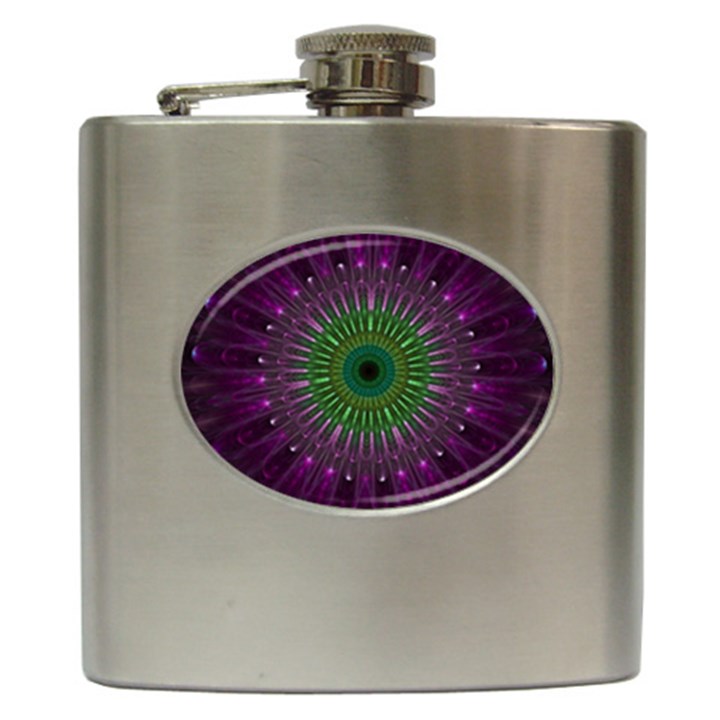 Light Abstract Flower Purple Petal Glass Color Circle Art Symmetry Digital Shape Fractal Macro Photo Hip Flask (6 oz)