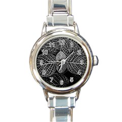 Black And White Plant Leaf Flower Pattern Line Black Monochrome Material Circle Spider Web Design Round Italian Charm Watch