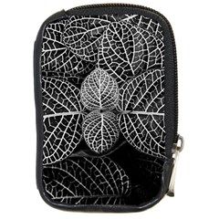 Black And White Plant Leaf Flower Pattern Line Black Monochrome Material Circle Spider Web Design Compact Camera Leather Case