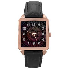 Mandala Fractal Pattern Rose Gold Leather Watch 