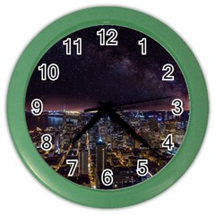 Light Sky Skyline Night Star Milky Way Cosmos Spiral City Skyscraper Urban Cityscape Dark San Franci Color Wall Clock by Vaneshart