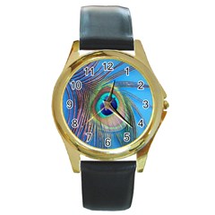 Nature Bird Wing Texture Animal Male Wildlife Decoration Pattern Line Green Color Blue Colorful Round Gold Metal Watch