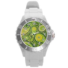 Texture Leaf Pattern Line Green Color Colorful Yellow Circle Ornament Font Art Illustration Design  Round Plastic Sport Watch (l) by Vaneshart