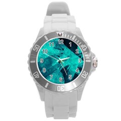 Background Texture Pattern Blue Round Plastic Sport Watch (l) by Wegoenart