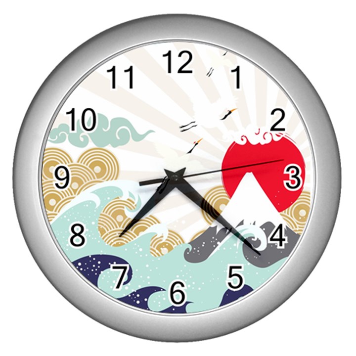 Mountain Sun Japanese Illustration Wall Clock (Silver)