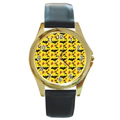 Bat Rose Lips Yellow Pattern Round Gold Metal Watch by snowwhitegirl