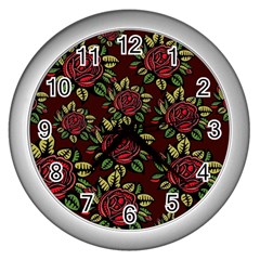 Flower Seamless Tile Background Wall Clock (silver)