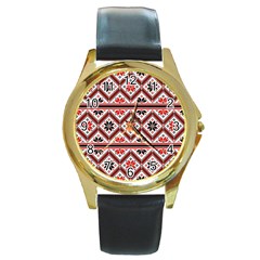 Folklore Ethnic Pattern Background Round Gold Metal Watch