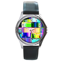 Glitch Art Abstract Round Metal Watch by Vaneshart