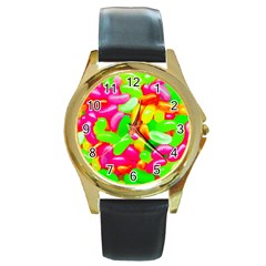 Vibrant Jelly Bean Candy Round Gold Metal Watch by essentialimage
