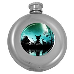 Litte Fairy With Deer In The Night Round Hip Flask (5 Oz)