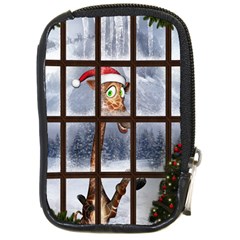 Funny Giraffe  With Christmas Hat Looks Through The Window Compact Camera Leather Case