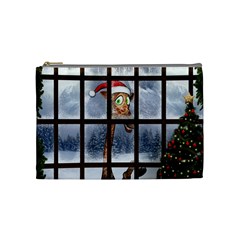 Funny Giraffe  With Christmas Hat Looks Through The Window Cosmetic Bag (medium) by FantasyWorld7