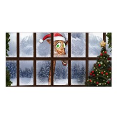 Funny Giraffe  With Christmas Hat Looks Through The Window Satin Shawl by FantasyWorld7