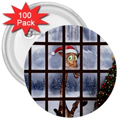 Funny Giraffe  With Christmas Hat Looks Through The Window 3  Buttons (100 Pack)  by FantasyWorld7