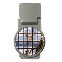 Funny Giraffe  With Christmas Hat Looks Through The Window Money Clips (round)  by FantasyWorld7