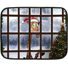 Funny Giraffe  With Christmas Hat Looks Through The Window Fleece Blanket (mini) by FantasyWorld7