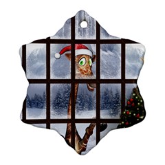 Funny Giraffe  With Christmas Hat Looks Through The Window Snowflake Ornament (two Sides) by FantasyWorld7