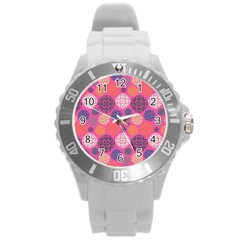 Abstract Seamless Pattern Graphic Pink Round Plastic Sport Watch (l) by Vaneshart