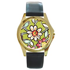 Flowers Fabrics Floral Round Gold Metal Watch