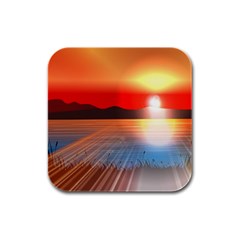 Sunset Water River Sea Sunrays Rubber Square Coaster (4 Pack) 