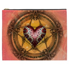 Awesome Heart On A Pentagram With Skulls Cosmetic Bag (xxxl) by FantasyWorld7