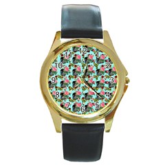 Vintage Can Floral Light Blue Round Gold Metal Watch by snowwhitegirl