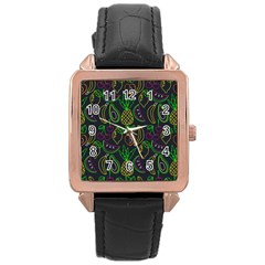 Neon Fruit Seamless Pattern Rose Gold Leather Watch 