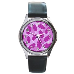 Exotic Tropical Leafs Watercolor Pattern Round Metal Watch