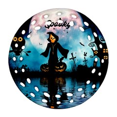 Funny Halloween Design With Skeleton, Pumpkin And Owl Ornament (round Filigree) by FantasyWorld7