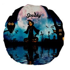 Funny Halloween Design With Skeleton, Pumpkin And Owl Large 18  Premium Flano Round Cushions by FantasyWorld7