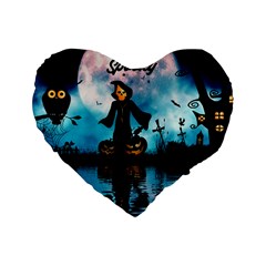 Funny Halloween Design With Skeleton, Pumpkin And Owl Standard 16  Premium Flano Heart Shape Cushions by FantasyWorld7