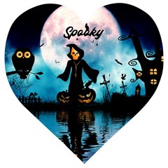 Funny Halloween Design With Skeleton, Pumpkin And Owl Wooden Puzzle Heart by FantasyWorld7