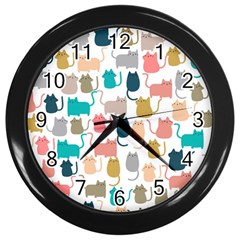 Cute Seamless Pattern Happy Kitty Kitten Cat Wall Clock (black) by Vaneshart