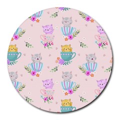 Cute Cat Coffee Cup Morning Times Seamless Pattern Round Mousepads