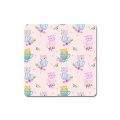 Cute Cat Coffee Cup Morning Times Seamless Pattern Square Magnet