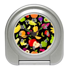 Vector Seamless Summer Fruits Pattern Black Background Travel Alarm Clock by Vaneshart