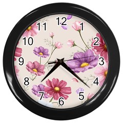 Vector Hand Drawn Cosmos Flower Pattern Wall Clock (black) by Sobalvarro