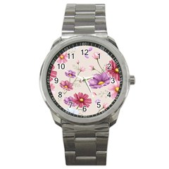 Vector Hand Drawn Cosmos Flower Pattern Sport Metal Watch by Sobalvarro