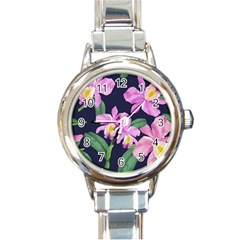 Vector Hand Drawn Orchid Flower Pattern Round Italian Charm Watch by Sobalvarro