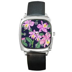 Vector Hand Drawn Orchid Flower Pattern Square Metal Watch by Sobalvarro