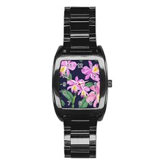 Vector Hand Drawn Orchid Flower Pattern Stainless Steel Barrel Watch by Sobalvarro