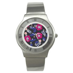 Vector Seamless Flower And Leaves Pattern Stainless Steel Watch by Sobalvarro