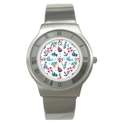 Seamless Pattern Nautical Icons Cartoon Style Stainless Steel Watch by Vaneshart