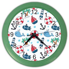 Seamless Pattern Nautical Icons Cartoon Style Color Wall Clock by Vaneshart