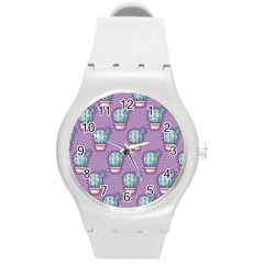 Seamless Pattern Patches Cactus Pots Plants Round Plastic Sport Watch (m)