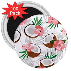 Seamless Pattern Coconut Piece Palm Leaves With Pink Hibiscus 3  Magnets (100 Pack)