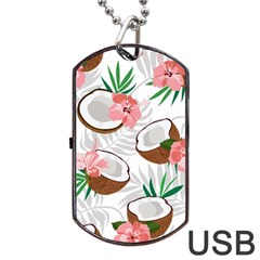 Seamless Pattern Coconut Piece Palm Leaves With Pink Hibiscus Dog Tag Usb Flash (one Side)