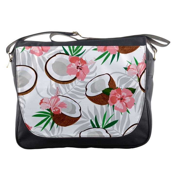 Seamless Pattern Coconut Piece Palm Leaves With Pink Hibiscus Messenger Bag