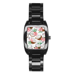 Seamless Pattern Coconut Piece Palm Leaves With Pink Hibiscus Stainless Steel Barrel Watch by Vaneshart